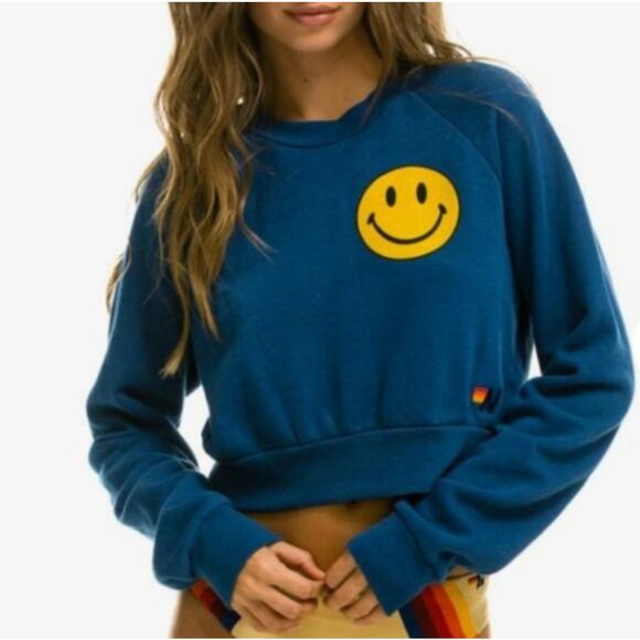 Aviator Nation Sweaters - Aviator Nation x SoulCycle cropped crew sweatshirt Medium Blue smiley graphic